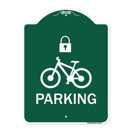 Signmission Parking With Cycle and Lock, Green & White Aluminum Architectural Sign, 18" x 24", GW-1824-23476 A-DES-GW-1824-23476
